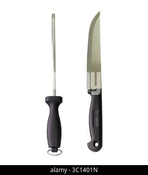 Single silver kitchen knife and one sharpening steel or honing steel with black handles are isolated on white background with clipping path. Stock Photo