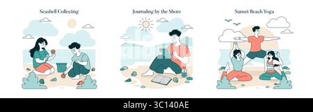 Set of three vector illustrations showcasing different beach activities. A pair collects seashells, a person journals by the shore, and a group practices yoga during sunset. Each scene captures leisure, nature, and relaxation. Stock Vector