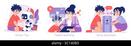 Vector illustration depicting children interacting with a smart toy robot, learning on tablets, and using a voice assistant. Captures technology interaction and educational engagement. Stock Vector