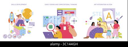 Vector illustration depicting children's STEAM activities. Highlights skills development, early coding, computational thinking, and art integration. Engaged children interacting with educational tools. Stock Vector