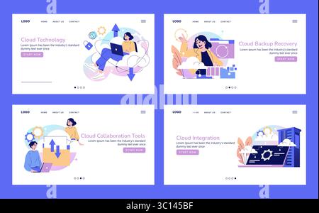 Vector illustration depicting cloud technology, integration, backup recovery, and collaboration tools concepts. Features people engaging with cloud services and digital interfaces. Stock Vector