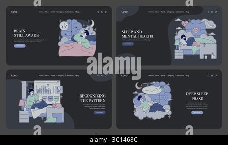 Set of vector illustrations depicting sleep challenges and mental health. Includes imagery of sleep phases, brain activity, and stress management. People shown with various expressions. Stock Vector