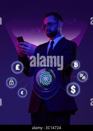 Businessman using phone with digital shield and currency icons around him, in purple neon lightning Stock Photo