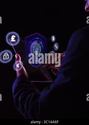 Business person interacting with glowing fingerprint shield and currency icons on black background Stock Photo