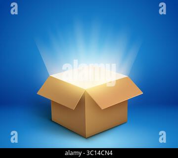 Open cardboard box with glowing light beams shining from inside on blue background symbolizing mystery surprise or discovery concept Stock Vector