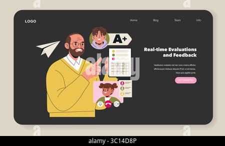 Teacher evaluates students online, providing feedback. Engaged discussion through video call interface on laptop, highlighting educational assessment. Vector illustration with tech theme. Stock Vector