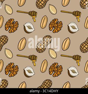 Seamless vector pattern of peanuts, walnuts, hazelnuts, pumpkin seeds and honey dipper on a beige background, a delicious and healthy illustration per Stock Vector