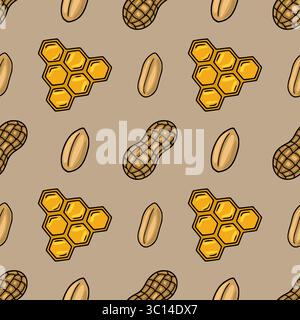 Seamless vector pattern with peanuts in shell and honeycomb, a cheerful illustration in warm brown and golden yellow tones, perfect for autumnal desig Stock Vector