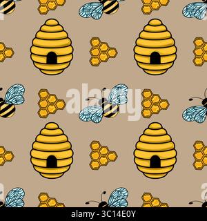 Seamless vector pattern of honeycombs, beehives and flying bees in a cartoon style, featuring a muted taupe background and vibrant yellow and black ac Stock Vector