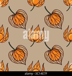 Seamless vector pattern with stylized orange physalis fruits and flowers on a beige background, creating a unique autumnal design. Stock Vector