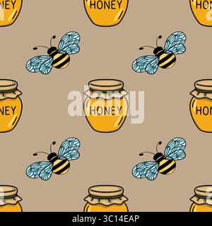 Seamless vector pattern with cute cartoon bees flying near honey jars, featuring light blue wings and a beige background, perfect for packaging or tex Stock Vector