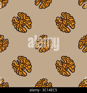 Seamless vector pattern of stylized walnut halves in orange and brown, perfect for autumnal design projects. Stock Vector