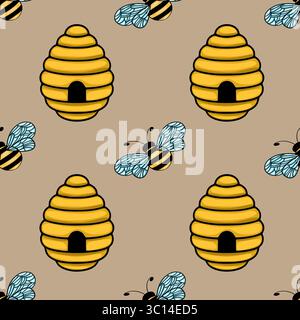 Seamless vector pattern with cute cartoon bees and honeycombs in yellow and black stripes on a beige background, ideal for textile, wrapping paper, or Stock Vector