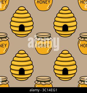 Seamless vector pattern featuring charming illustrations of beehives and honey jars, rendered in a playful cartoon style with a warm color palette, pe Stock Vector