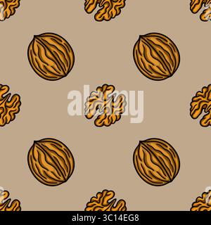 Seamless vector pattern of hand-drawn walnuts in shell and halves, featuring a warm brown and golden color palette, perfect for autumnal designs and f Stock Vector
