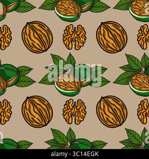 Seamless vector pattern of walnuts in shells and halves, with green leaves on a beige background, creating a natural and organic design. Stock Vector