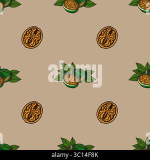 Seamless vector pattern of walnuts in shell and halves with green leaves on a beige background, stylized as a vintage botanical illustration. Stock Vector