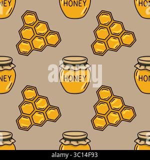 Seamless vector pattern featuring hand-drawn illustrations of honeycombs and honey jars, creating a charming and rustic design perfect for packaging o Stock Vector