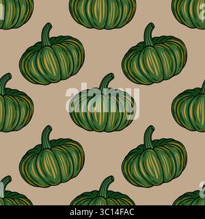 Seamless vector pattern of hand-drawn green pumpkins with gold stripes on a beige background, creating a rustic autumnal design perfect for fall-theme Stock Vector