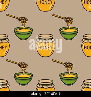 Seamless vector pattern of honey jars, bowls, and honey dippers, featuring a light brown background and vibrant yellow and green accents, creating a s Stock Vector