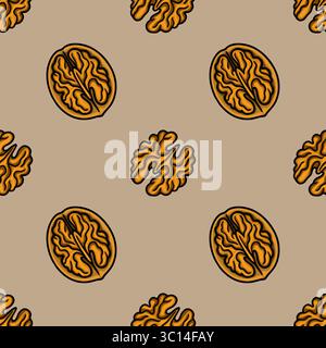 Seamless vector pattern of halved walnuts and walnut halves, featuring a stylized illustration with warm orange and brown tones on a neutral backgroun Stock Vector