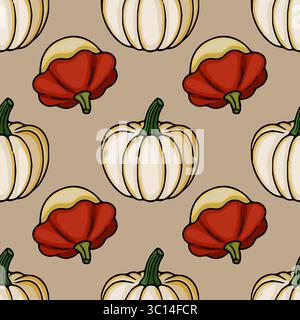 Seamless vector pattern with hand-drawn illustrations of off-white pumpkins and small red squashes, creating a charming autumnal design perfect for fa Stock Vector