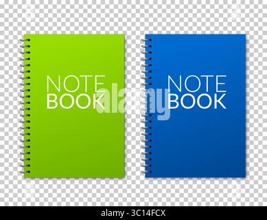 Set of spiral notebooks with green and blue covers on transparent background for school office supplies or stationery design Stock Vector