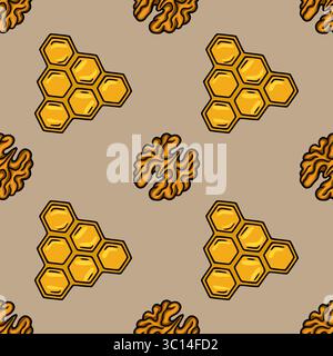 Seamless vector pattern with hand-drawn honeycomb and walnut illustrations, featuring a muted beige background and rich golden hues, ideal for autumna Stock Vector