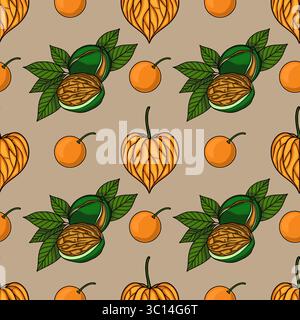 Seamless vector pattern with hand-drawn illustrations of physalis, walnuts, and oranges, featuring a unique autumnal color palette and detailed botani Stock Vector
