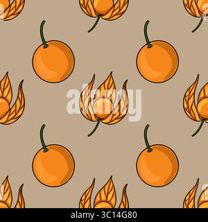 Seamless vector pattern with stylized physalis and oranges on a beige background, creating a unique autumnal design. Stock Vector