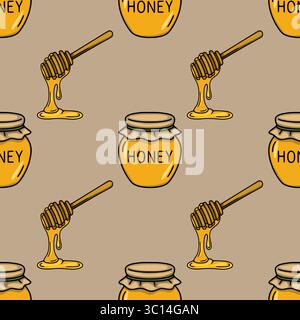 Seamless vector pattern with honey jars and honey dippers, featuring a hand-drawn style and dripping honey for a sweet and rustic design. Stock Vector