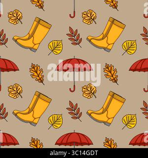 Seamless vector autumn pattern with yellow rubber boots, red umbrellas, and falling leaves in warm autumnal colors, perfect for fall-themed designs an Stock Vector