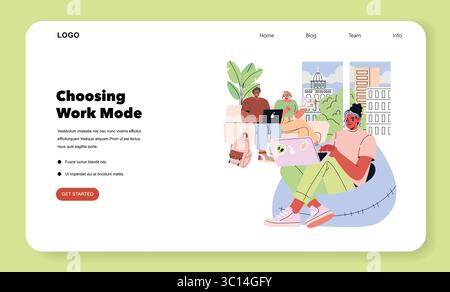 Tomorrow Work. Modern workplace flexibility with people working on laptops in a casual lounge setting, urban view from large windows, plants and friendly collaboration. Vector illustration. Stock Vector