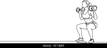 continuous single line drawing of female athlete doing dumbbell squats, line art vector illustration Stock Vector