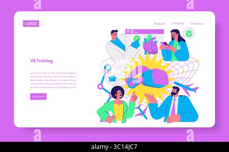 Vector illustration showing people engaged in virtual reality training for medical applications. Illustrates diverse professionals interacting with VR technology and digital tools. Stock Vector