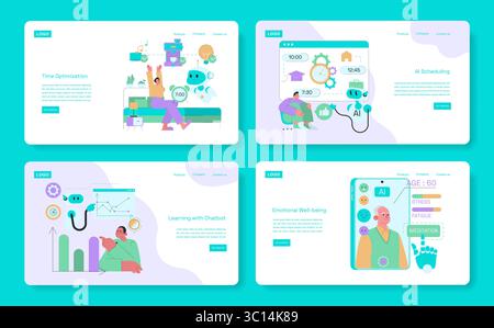 Vector illustration showcasing AI's role in time optimization, scheduling, learning, and emotional well-being. Features diverse scenarios of AI helping with routines and personal development. Stock Vector