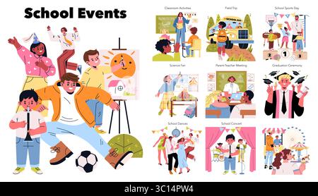 Vector illustration showcasing diverse school events, including sports day, science fair, field trip, and graduation ceremony. Students actively participate in creative and educational activities. Stock Vector