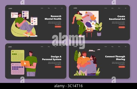 Vector illustration set featuring web banners on mental health research, emotional art creation, personal system design, and social connection. Characters engage in activities that emphasize well-being. Stock Vector