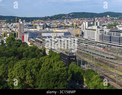 Track apron at the main station with InterCity at the platform. In front the signal box, on the right office building of LBBW. Stuttgart, Baden-Wuertt Stock Photo