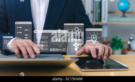 AI, Artificial intelligence software used by businessman for content generation, automation, and chatbot development on digital devices in modern offi Stock Photo