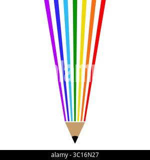 Abstract Rainbow Pencil Illustration. A creative interpretation of a pencil, formed by a series of rainbow colored vertical stripes that fan outward. Stock Vector