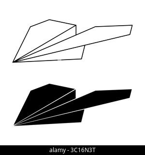 Paper Plane Icon Set. Outline and Silhouette Vector Illustration. This vector illustration features two stylized representations of a paper airplane. Stock Vector