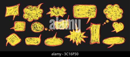 Set of quirky speech and thought bubbles in yellow wax with red outline on blackboard background. Charcoal texture and squiggle style ideal for Stock Vector
