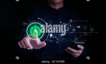 Businessman touching start button for Business or Corporate on virtual screen. New start up business, growth success achievement planning development Stock Photo