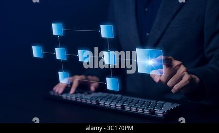Businessman using computer working planning workflow process management. Business automation flowchart for process improvement. Step scheme Stock Photo
