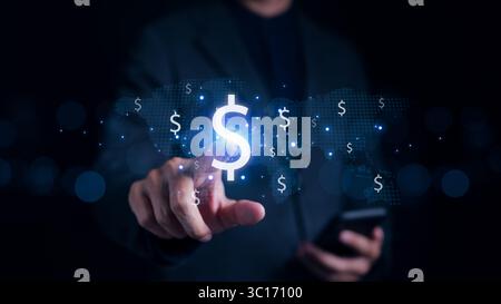 Central banking and international currency concept. Businessman hand touching to United States Dollar (USD) money symbol with world map. Money Stock Photo