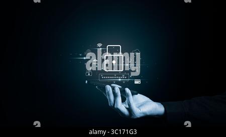 Secure digital and Cybersecurity concept. Businessman using smartphone protect personal information encryption with a padlock icon Stock Photo