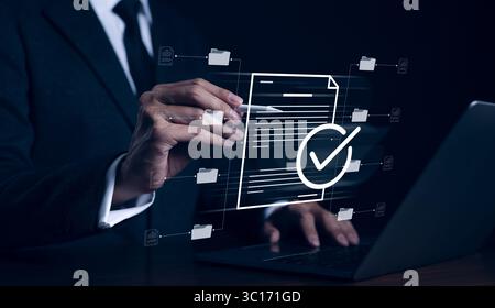 Electronic document management system concept. Businessman writing virtual online document. Online survey filling out, Digital form checklist Stock Photo