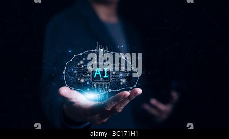Ai, Artificial intelligence technology concept. Hand touching brain of AI on a virtual interface. Use AI to create ideas, Innovation and Futuristic, Stock Photo