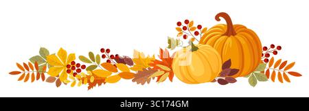 Colorful autumn pumpkins, berries and forest leaves clipart. Seasonal harvest design for greeting or poster. Vector illustration isolated on white bac Stock Vector